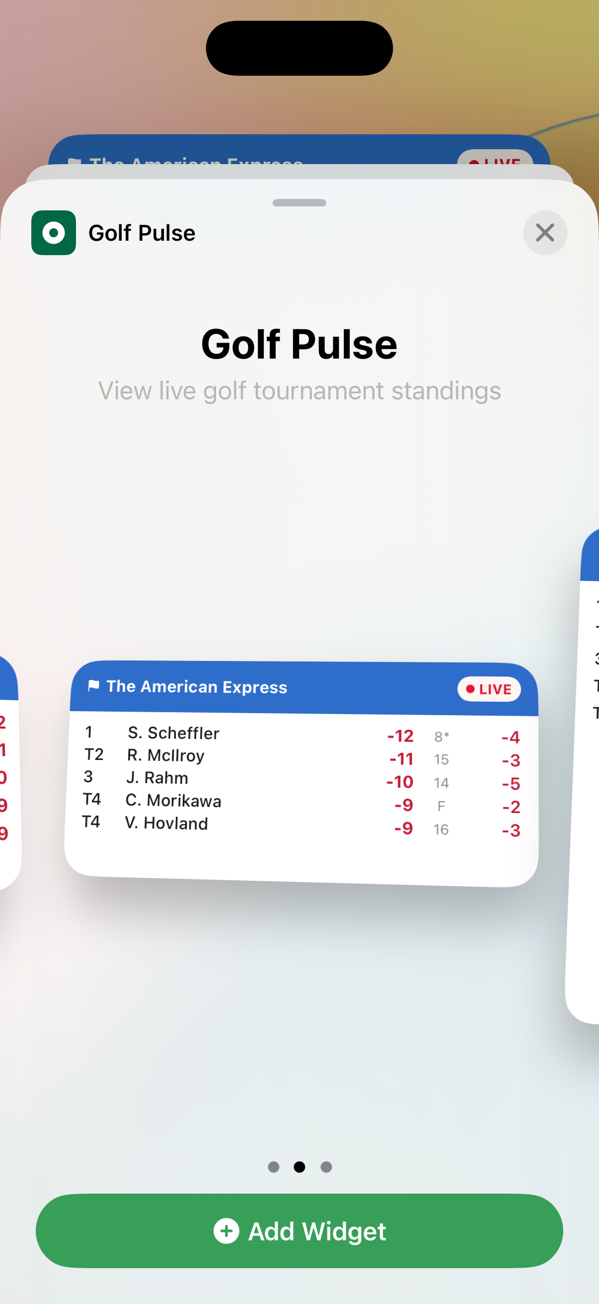 Golf Pulse home screen widgets showing live leaderboard scores